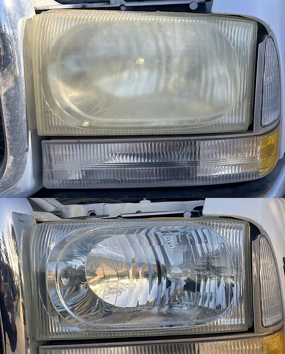 Before and after headlight restoration on a truck at LTP Auto Body